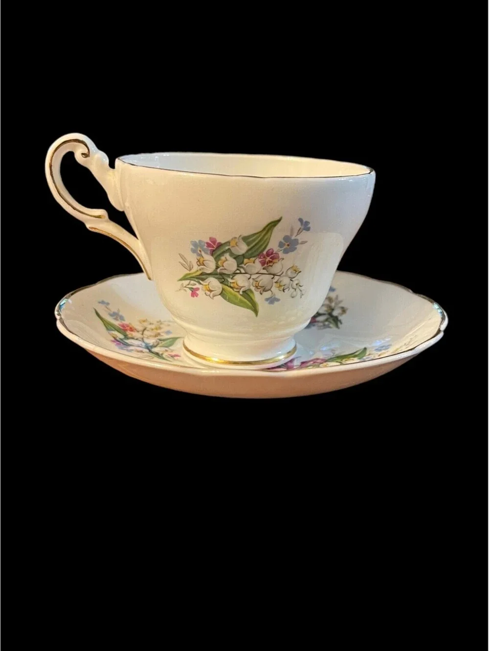 VTG Regency English Bone China Lily of Valley Floral Tea Cup & Saucer Gold Trim